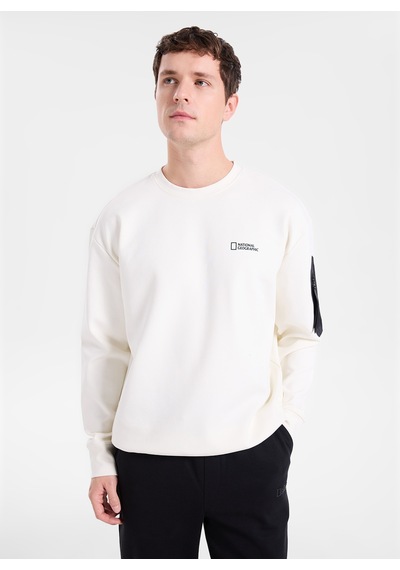 National Geographic N6wm-swt4150 Krem Erkek Bisiklet Yaka Baskılı Relaxed Triko Sweatshirt