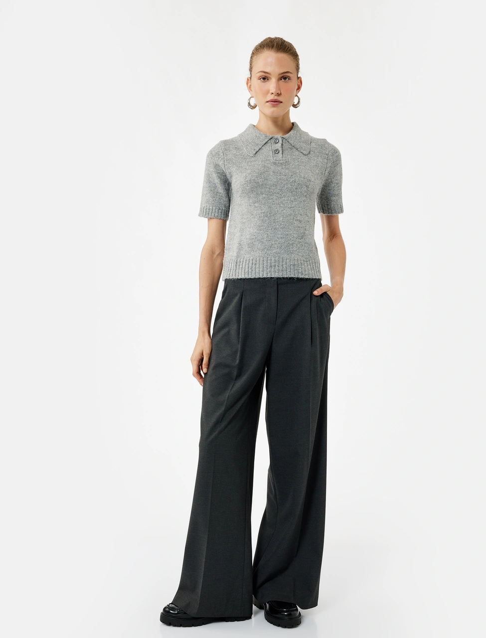 Koton Regular Fit Kısa Kollu Polo Yaka Triko Kazak Gri 6wak90107ht Gri