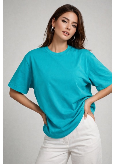 Kadın Turkuaz %100 Pamuk Oversize Basic Tişört Rahat Kalıp Relaxed Bisiklet Yaka T-shirt Turkuaz