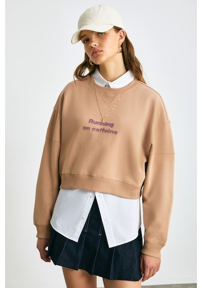 Grımelange DANBİ Kadın Crop Örme Kumaş Yuvarlak Yaka Uzun Kol Kahverengi Sweatshirt