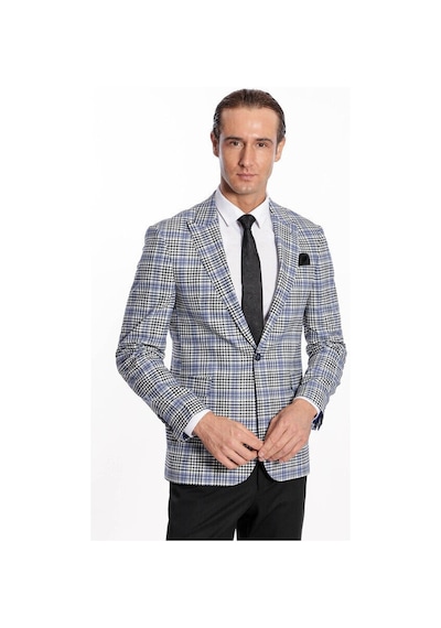 Wessi Ekose Desenli Slim Fit Siyah Mavi Erkek Ceket - Wessi Mavi - Siyah