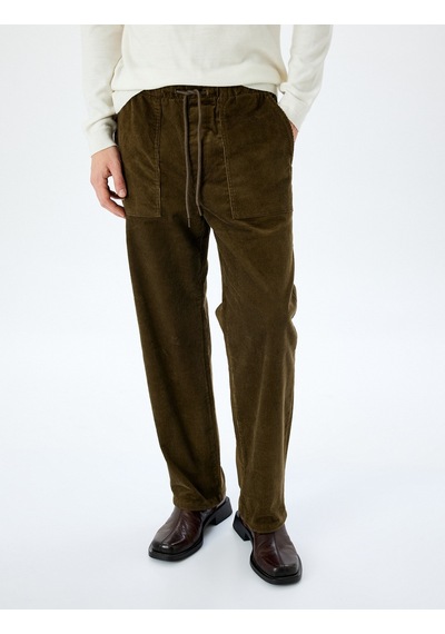 Koton Pamuklu Beli Bağcıklı Fitilli Kadife Jogger Pantolon Haki 5wam40093hw Haki