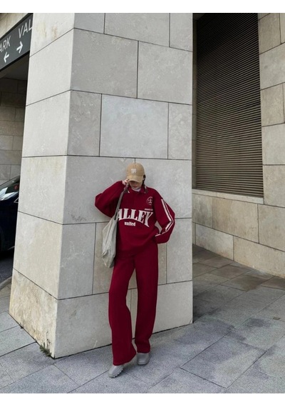 Freedom Storee Kadın 3 İplik Pamuklu Yakalı Sweat Baggy Pantolonlu Takım - Bordo Çok Renkli