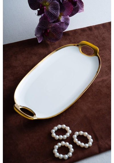 Acar Arven Oval Gold Sunum Tepsisi - 33 Cm Beyaz