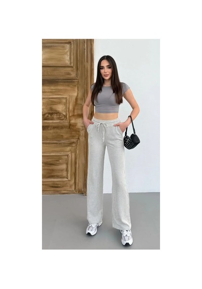 Thiff Gymwear Yandan Cepli Beli Bağcıklı Su Yolu Kadın Çizgili Pantolon Gri