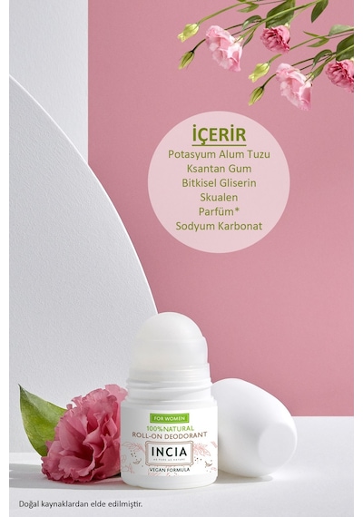 INCIA %100 Doğal Roll On Deodorant Kadınlar İçin Ter Kokusu Önleyici Leke Yapmayan 50 ML