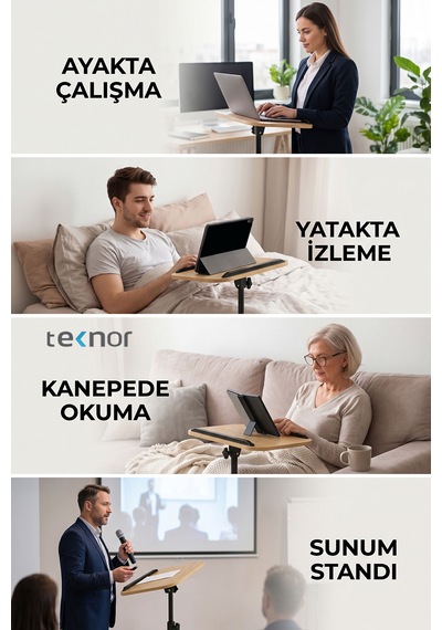 Teknor Ayarlanabilir Laptop Sehpası Mdf Tablalı Ayaklı Portatif Sehpa 30x40 Ebat Meşe