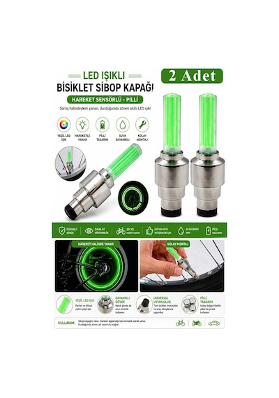 Işıklı Sibop Kapağı 2 Li 1 Paket Fotosel Haraket Sensörlü Led Işık Bisiklet Araba Motor Tekerlek Lastik Yeşil