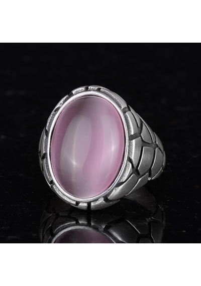 925 Ayar Gümüş Erkek Lüks Yüzükler - Farklı Koleksiyon Pembe Kedi Gözü Yapay Taş Gümüş