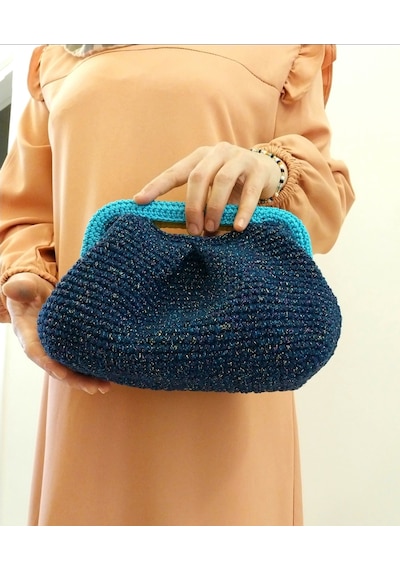 Kemzey Handmade Parlak Tutmalı El Çantaları , El Yapımı Işıltılı Clutch, Örgü El Çantası Lacivert