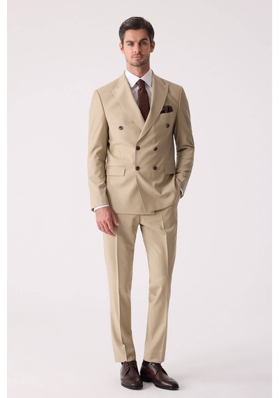 Erkek Bej Slim Fit Yün Kruvaze Takım Elbise