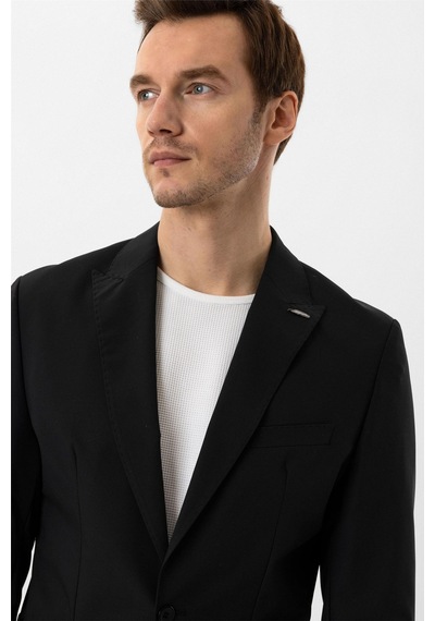 Süvari Siyah Slim Fit Düz Sivri Yaka 6 Drop Spor Takım Elbise