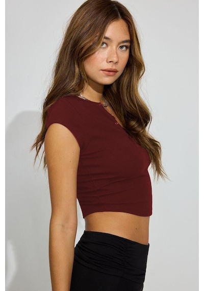 Madmext Bordo Henley Çıt Kapamalı Kadın Tişört Mg2306 Bordo