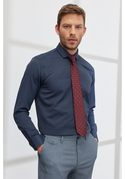 AC&Co / Altınyıldız Classics Erkek LACI Kolay Ütülenebilir Slim Fit Dar Kesim İtalyan Yaka Armürlü Gömlek Lacivert