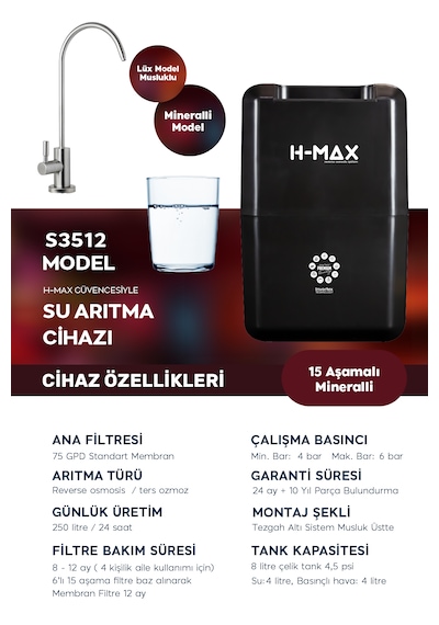 8 Litre 15 Aşama Mineralli 75 Gpd Su Arıtma Cihazı Hmaxs3512