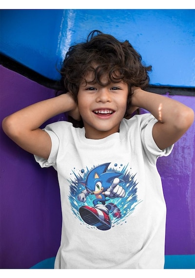 Sevbano Süper Sonic Baskılı Unisex Çizgi Film Çocuk Tişört 1-12 Yaş Beyaz
