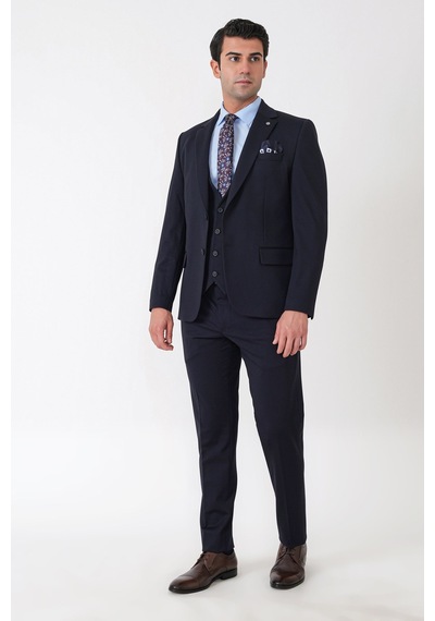 Efor Slim Fit Esnek Pamuklu Dokulu Lacivert Yelekli Takım Elbise Tk 959