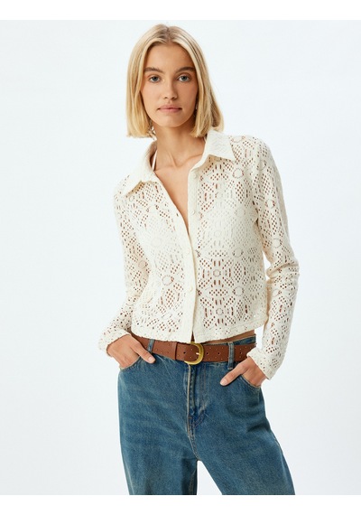 Koton Crop Kroşe Gömlek Ajurlu Uzun Kollu Slim Fit Ekru 5wak60015ek