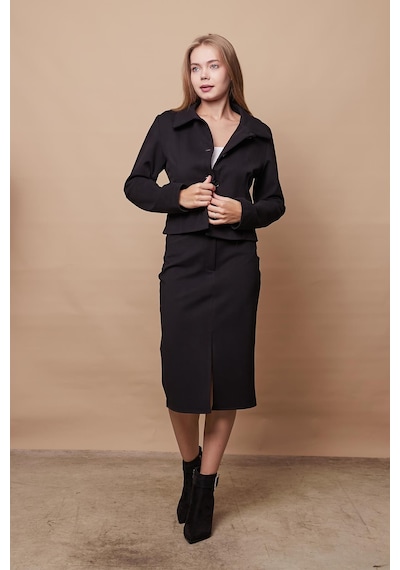 Kadın Likralı Kaşe Kumaş Yakalı Cep Kapaklı Uzun Kol Düğmeli Kısa Blazer Ceket Kaban-siyah Siyah Kadın Likralı Kaşe Kumaş Yakalı Cep Kapaklı Uzun Kol Düğmeli Kısa Blazer Ceket Kaban-siyah Siyah