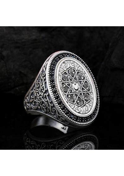 925 Ayar Gümüş Ay Yıldız Motifli Allah Lafzı Yazılı Erkek Yüzük Silver