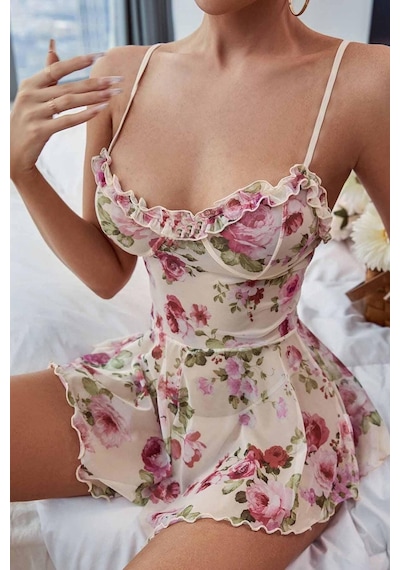 Merry See Çicek Desenli Özel Tasarım Gecelik Babydoll 001