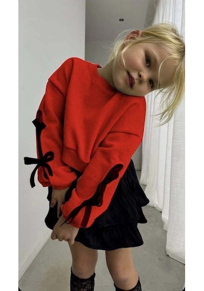 Miniko Kids Kız Çocuk Kol Detaylı Fiyonklu Etekli Takım Kırmızı