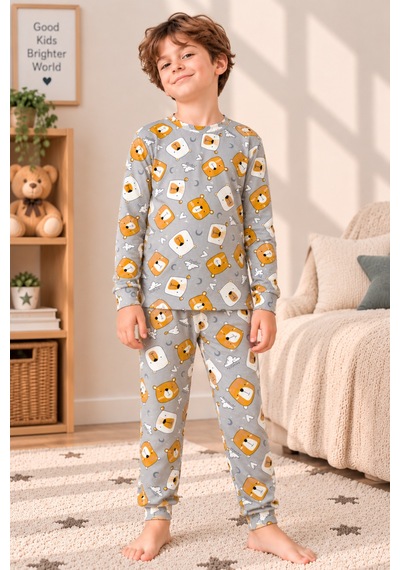 Free Beka Sevimli Desenli Bisiklet Yaka %100 Pamuklu İnterlok Kumaş Kız Ve Erkek Çocuk Uzun Kollu Pijama Takımı Gri
