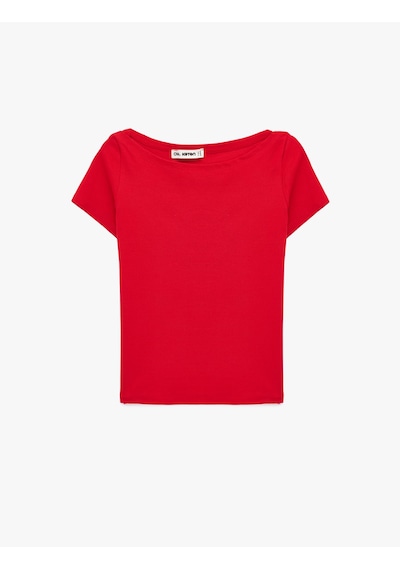 Koton Pamuklu Kısa Kollu Kayık Yaka Slim Fit Tişört Kırmızı 6sal10650ık