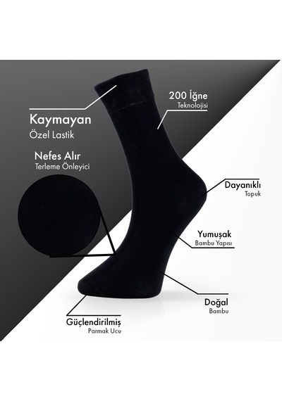 Saf Bambu Erkek Soket Uzun Düz Siyah Çorap Dikişsiz Premium Kutulu 6'lı L5952aznb Softaura