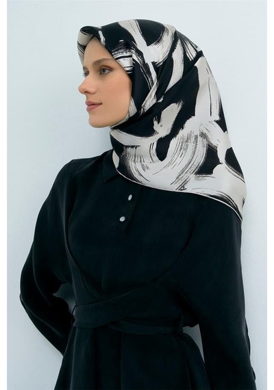 Armine İpek Eşarp 2026 Yaz - 9555-06 Siyah Krem Twill