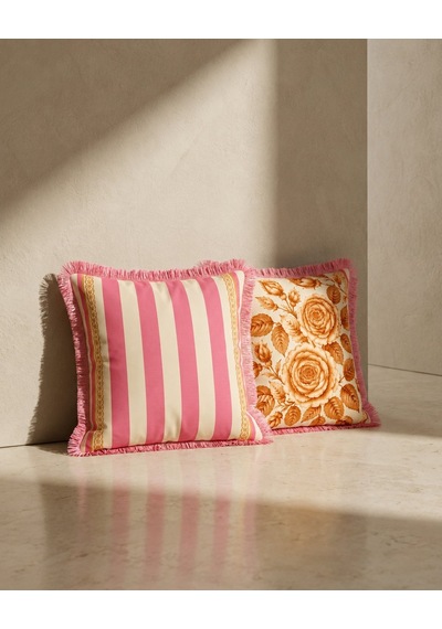 Vintage Gül Desenli Pembe Çizgili 4'lü Saçaklı Kırlent Kılıfı Kom 45 x 45