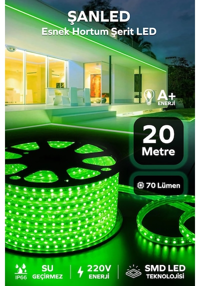 Hortum Esnek 220v Şerit Led Yeşil 20 Metre 20 Metre