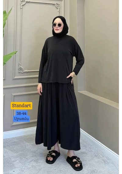 Balenbi Kadın Modal Kumaş Oversize Bol Paça Pantolon Rahat Kalıp İkili Tesettür Takım 1222 - Premium Seri Siyah Balenbi Kadın Modal Kumaş Oversize Bol Paça Pantolon Rahat Kalıp İkili Tesettür Takım 1222 - Premium Seri Siyah