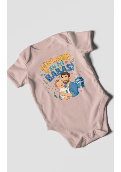 Morivokids Dünyanın En İyi Babası Kısa Kollu Bebek Body %100 Pamuk Pastel Pembe