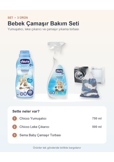 Bebek Çamaşır Bakım Seti 3 Parça: Yumuşatıcı + Leke Çıkarıcı + Sema Baby Çamaşır Torbası