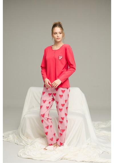 Siyah İnci Düğmeli Örme Pamuklu Pijama Takım25240218 NAR ÇİÇEĞİ