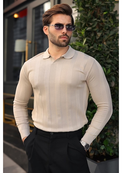 Madmext Taş Rengi Regular Fit Polo Yaka Triko Erkek Kazak E7509
