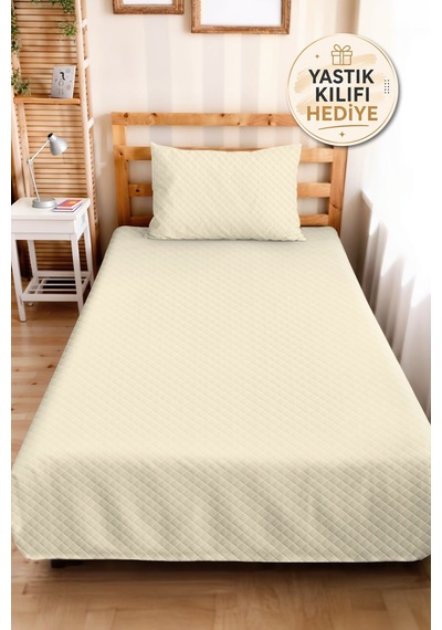 Düz Krem Renk Genç Odası Tek Kişilik Dekoratif Pike Takımı-kapitone Sade Bej 160x220 Cm Yatak Örtüsü Perde Avlu Uyumu