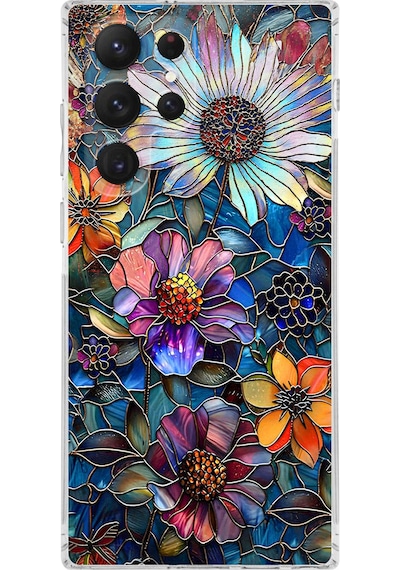 Printify Samsung Galaxy S22 Ultra İle Uyumlu Vitray Mücevher Flora Tasarımlı Şeffaf Silikon Kılıf Şeffaf