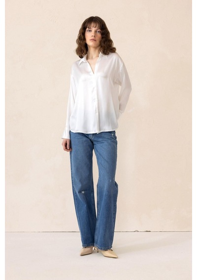 Olcay Oversize Saten Gömlek Beyaz 9308