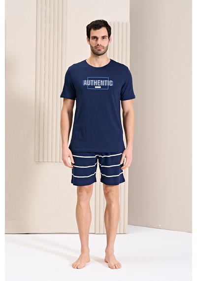 Over Sleep By Poleren Erkek Pijama Takımı Şortlu Kısa Kol Lacivert