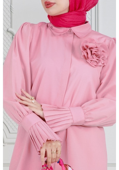 Sevitli Gül Broşlu Kolu Fırfırlı Tunik-pembe-3610-pembe Pembe