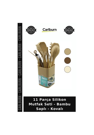 Özel Üretim Yemek Hazırlama Hediye 11 Parça Silikon Mutfak Seti - Bambu Saplı - Kovalı
