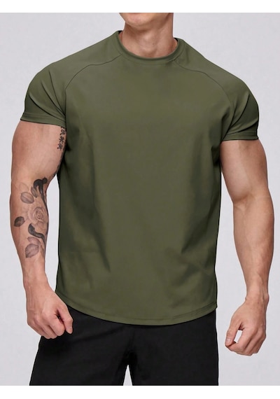 Genius Store Erkek Spor Tişört Running Sports Gym Reglan Oval Kesim Penye T-shirt Ovalt-shirt Haki