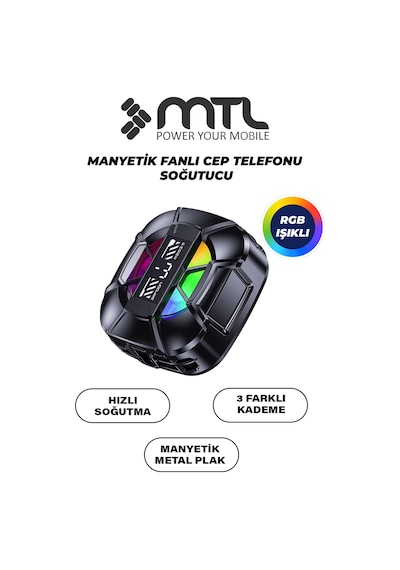Telefon Tablet Soğutucu Fan Magsafe Uyumlu, Klipsli, Rgb, 3 Kademeli Siyah Mt8466