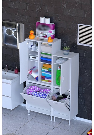 Dora 105 Cm Banyo Ve Kiler Dolabı Beyaz Modüler Dolap Çift Sepetli Dolap 65+40 X160x32,5 Cm