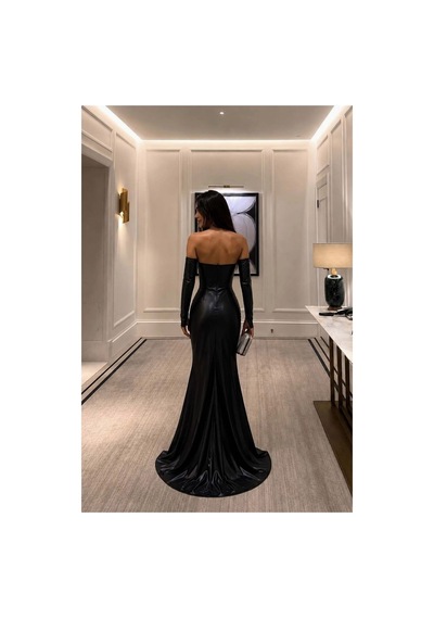 Lior Design Kadın İnce İşçilik Straplez Yırtmaçlı Abiye Elbise Siyah