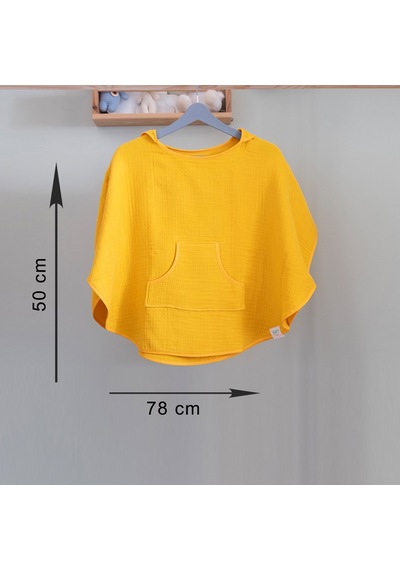 Organik Pamuk, Kapüşonlu Müslin Çocuk Pançosu - Sarı 12 - 36 Ay