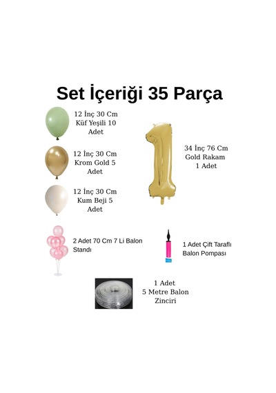 9 Yaş Balon Standlı Ve Pompalı Retro Küf Yeşili Krom Gold Kum Beji Balon Seti Gold Rakam Süsleme Çok Renkli