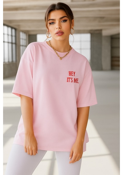 Hey It's Me Baskılı Oversize T-shirt Pembe